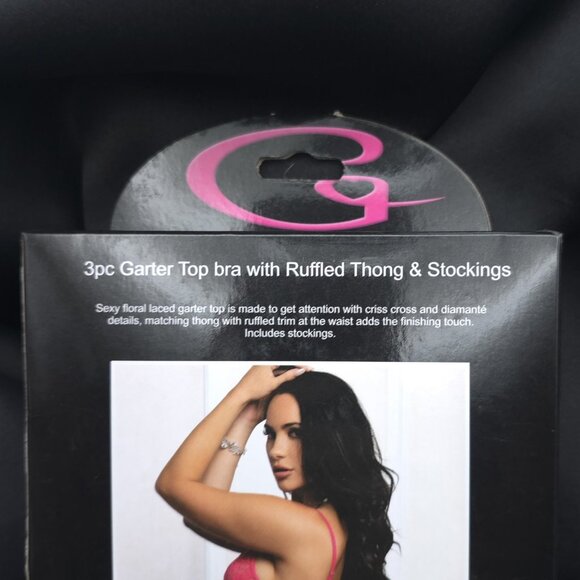 G World Pink Lace Garter Bra Lingerie Set 3pc Thong Stockings One Size OH2453 - Picture 5 of 7